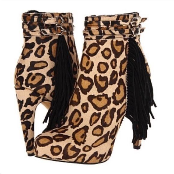 Sam Edelman | Keegan Leopard Animal Print Black Tan Calf Hair Fringe Ankle Boots - Picture 1 of 10